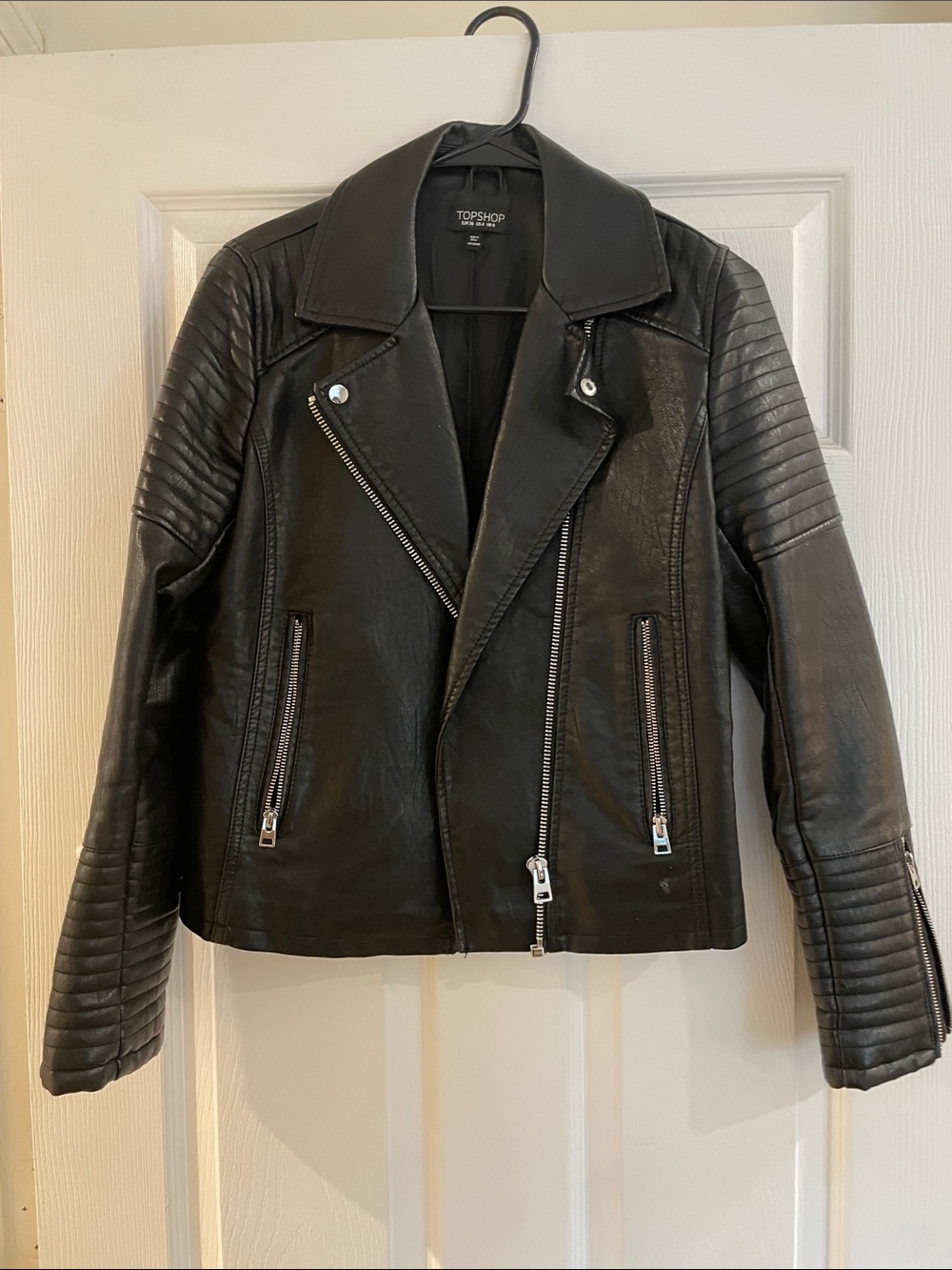 Topshop Black Quilted Sleeve Faux Leather Moto Jacket